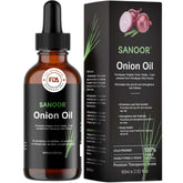 SANOOR huile d'oignons rouges Himalaya dans une bouteille-verre, hydratation et brillance capillaire.