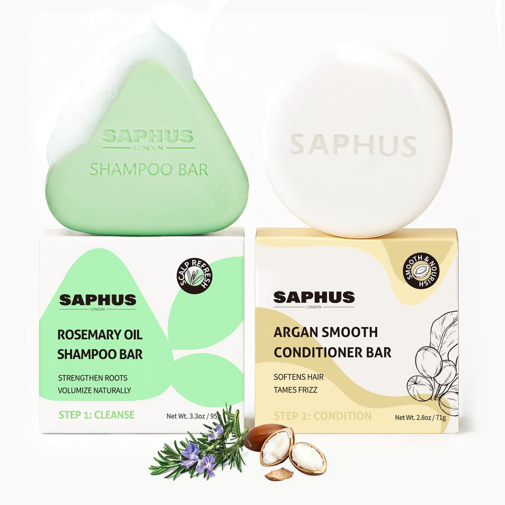 SAPHUS Rosemary Oil Shampoo Bar main product shot showing stronger roots and volume.