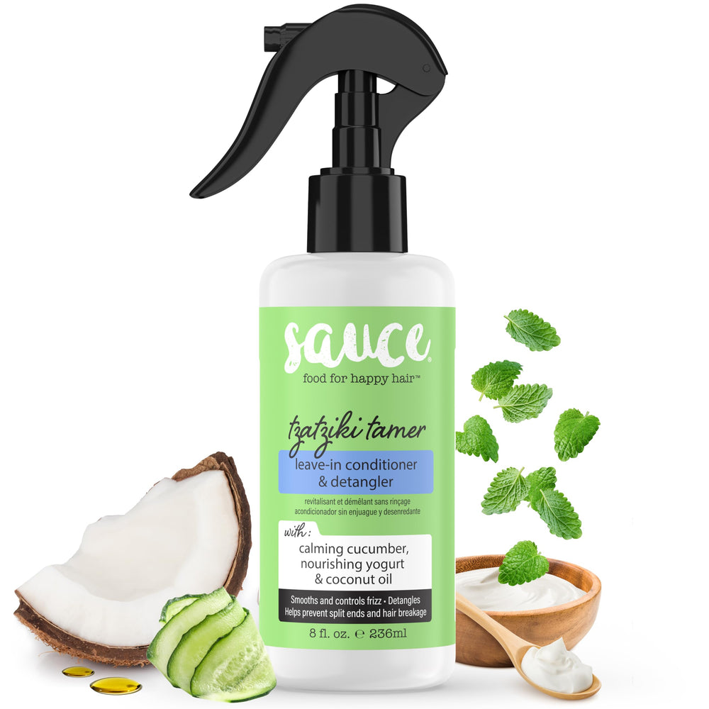 Sauce Beauty bouteille d'apres-shampoing tzatziki pour démêlage facile.