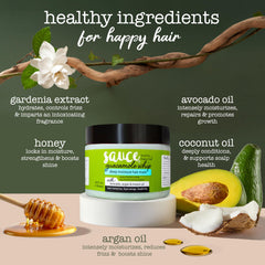 Application rapide du masque Guacamole sur cheveux humides 3–5 minutes.