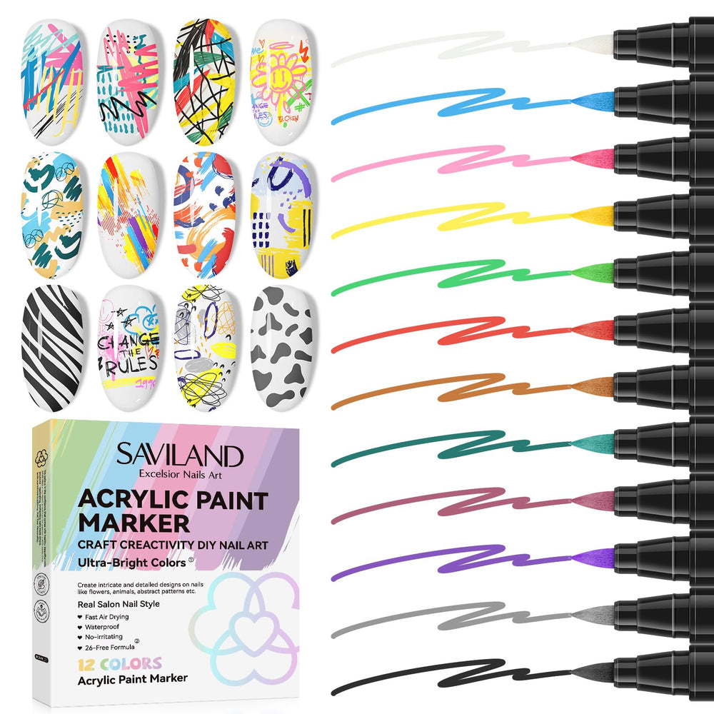 SAVILAND Nail Art Pens Set 12 Colors for vibrant home nail art.