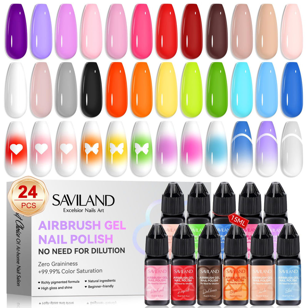 SAVILAND Vernis Gel Airbrush: bouteille 24 couleurs, prêt à l'emploi pour dégradés sur ongles.