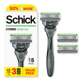 Rasoir Schick Hydro Sensitive avec poignée ergonomique pour une prise en main confortable.
