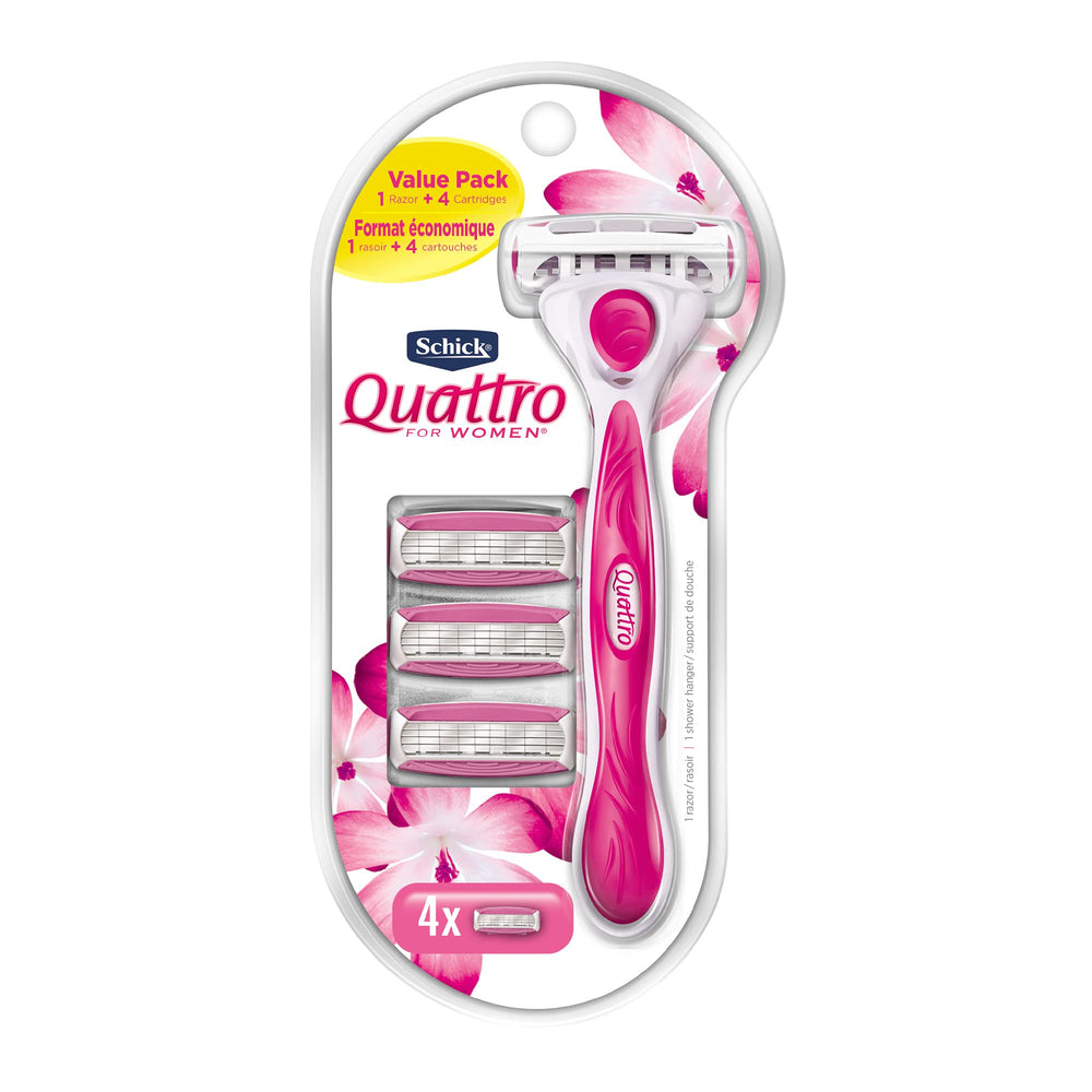 Rasoir Schick Quattro pour femmes avec poignée antidérapante pour une prise en main confortable.