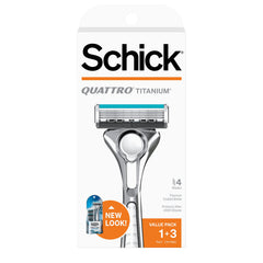 Rasoir Schick Quattro Titanium avec 4 lames pour un rasage homogène.