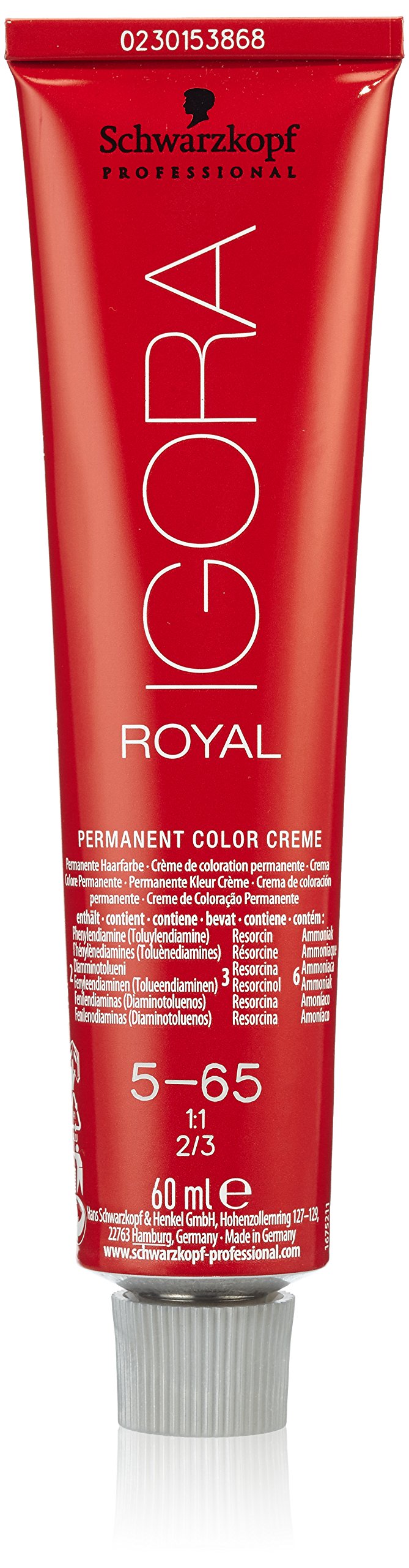 Schwarzkopf Igora Royal 5-65, bouteille couleur, tenue durable et application précise.