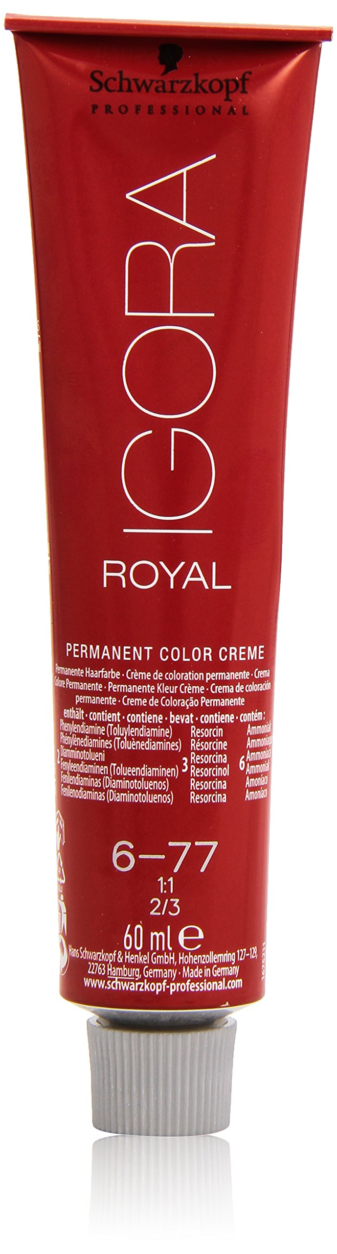 Igora Royal 6-77 blond foncé cuivré, flacon 60 ml, couverture fiable des cheveux gris.
