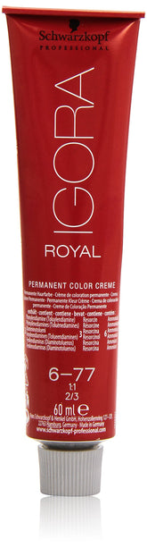 Igora Royal 6-77 blond foncé cuivré, flacon 60 ml, couverture fiable des cheveux gris.