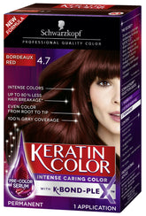 Schwarzkopf Keratin Color Bordeaux Red : flacon et promesse couleur intense et application lisse