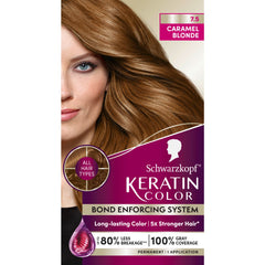 Schwarzkopf Keratin Color Crème 7,5 Caramel Blond, couleur riche prête à l'application maison.