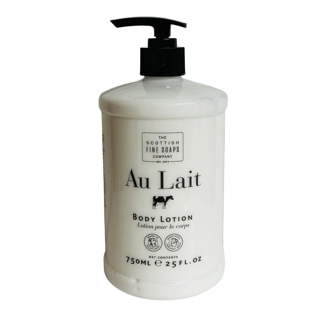 Scottish Fine Soaps The Company Au Lait Body Lotion bottle front view, nourishing daily hydration.
