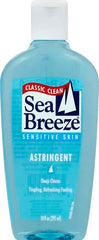 Texture tonique Seabreeze en gros plan, peau sensible rafraîchie et douce.