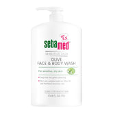 Sebamed Olive Face & Body Wash: bouteille avec pompe prête à l’usage quotidien.
