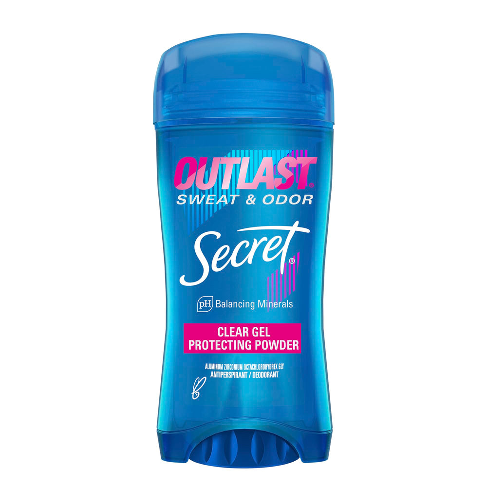 Secret Outlast antiperspirant, bouteille transparente, offre une protection durable contre la transpiration.