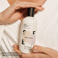 SEEN gel-douche flacon rouge, expérience sensorielle adaptée peau sensible.