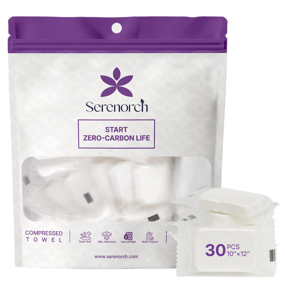 Serenorch tablettes-serviette XL expansion eau, pour un rafraîchissement rapide en voyage.