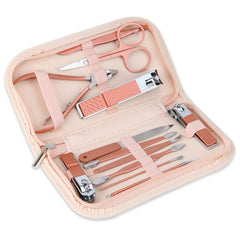 set-manucure-12-en-1 avec pochette rose : rangement pratique et transport facile