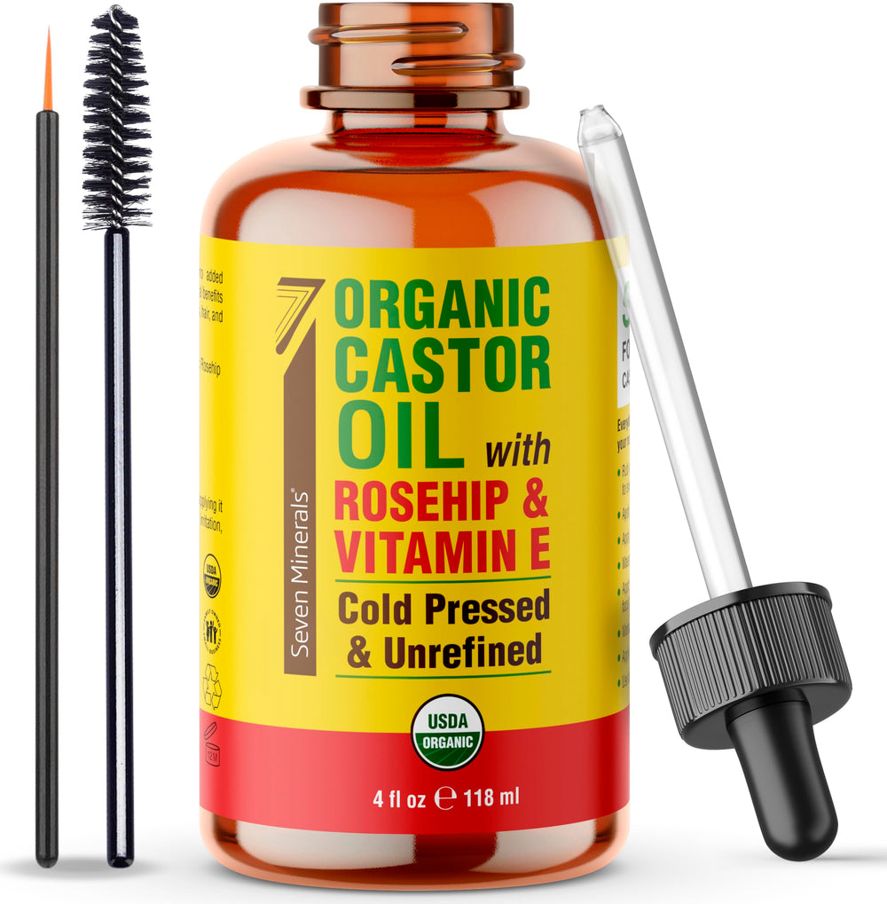 Seven Minerals huile de ricin rose-musquée dans une bouteille, soin nourrissant pour cils et sourcils.