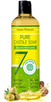 Seven Minerals Pure Castile, bouteille 8oz, douceur naturelle pour toute la famille.