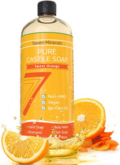 Seven Minerals Pure Castile Soap Sweet Orange bottle showing eco-friendly formula for sensitive skin