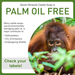 Label close-up of Seven Minerals Sweet Orange Castile Soap highlighting palm oil free