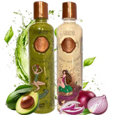 SHAEIO Rituel Botanique : bouteille shampooing oignon et argan, favorise hydratation et brillance.