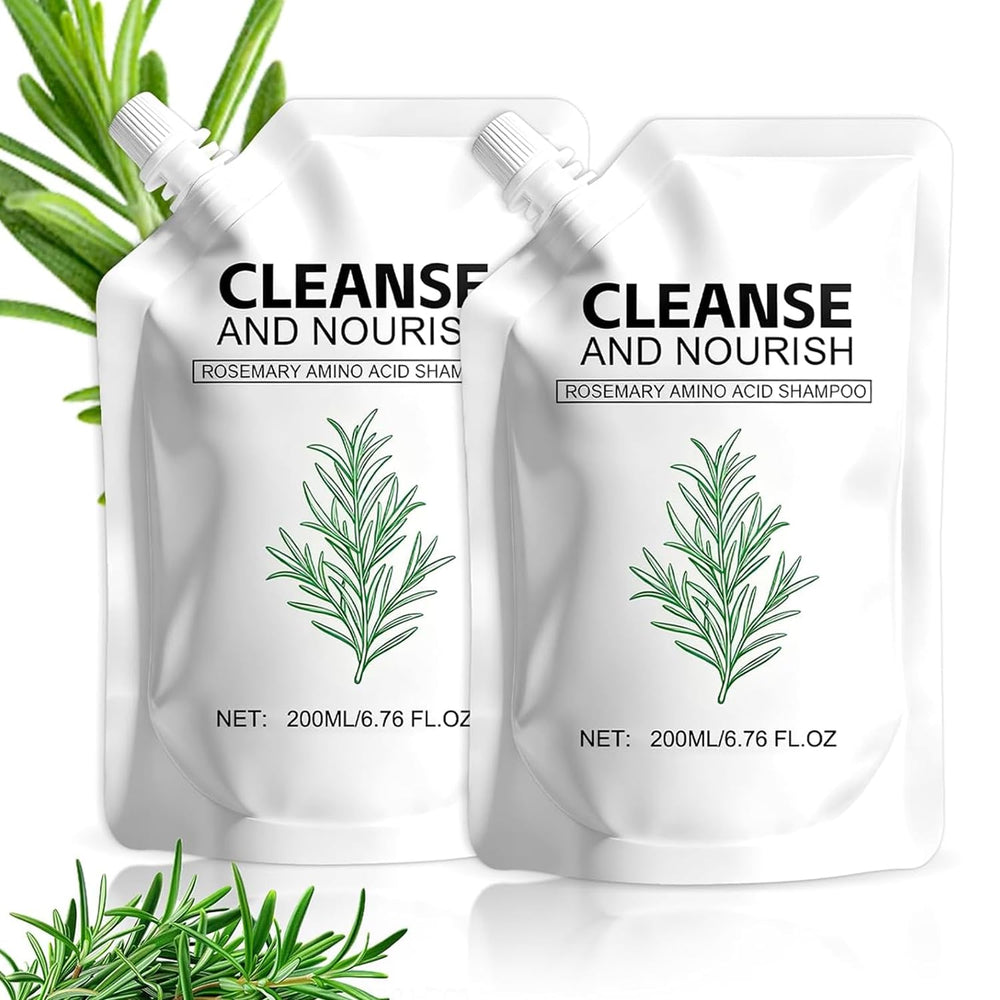 Shampooing romarin acides aminés – bouteille, racines renforcées et apparence plus dense.