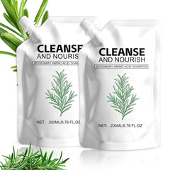 Shampooing romarin acides aminés – bouteille, racines renforcées et apparence plus dense.