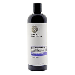 Shea Radiance African Black Soap Body Wash bottle front for detoxifying cleanse.