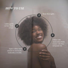 Ingredients close-up highlights oatmeal and shea butter for nourishing care.