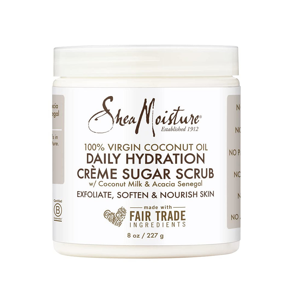 SheaMoisture Daily Hydration Crème Sugar Scrub, flacon visible, exfolie en douceur et hydrate.