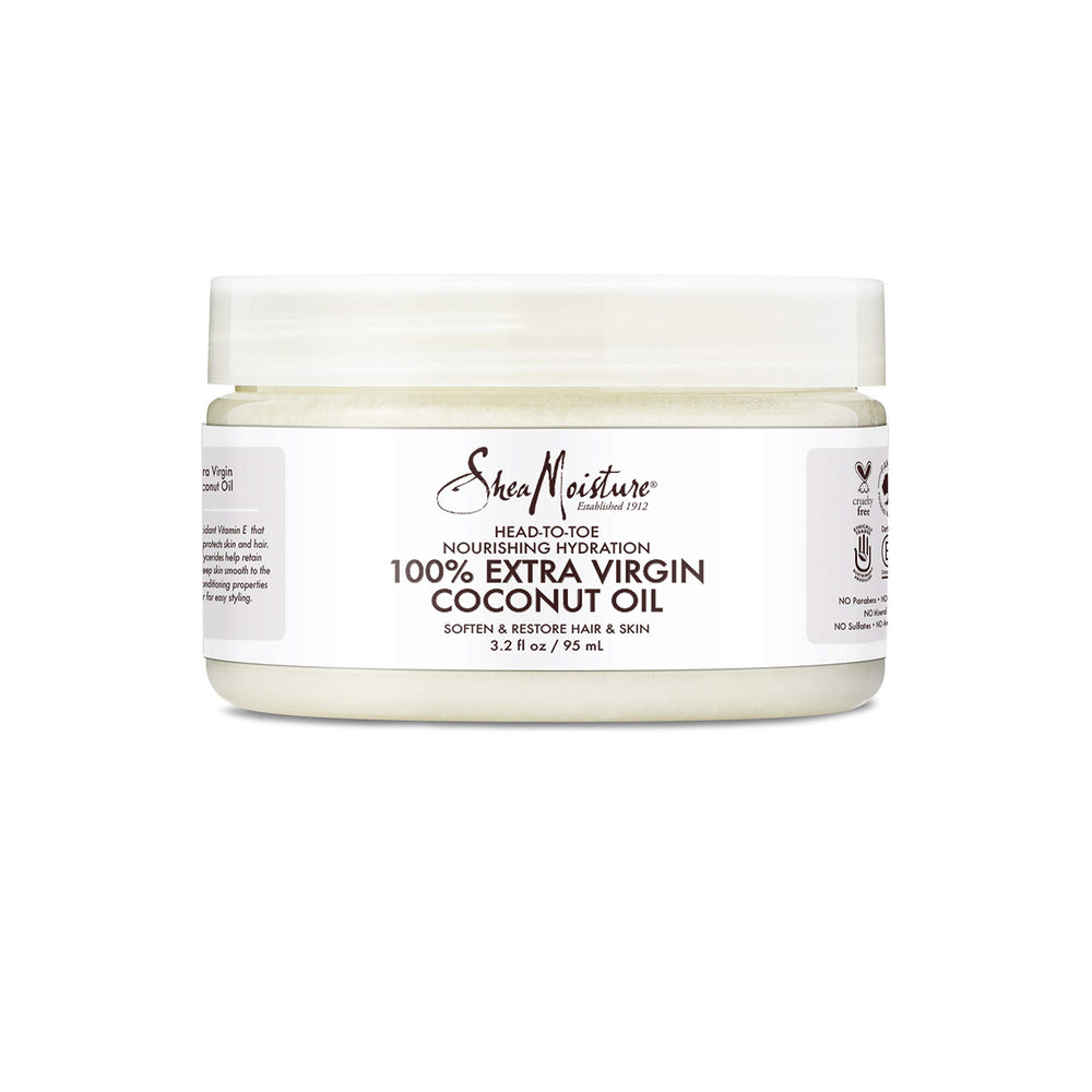 Huile de coco SheaMoisture, bouteille-pour, hydrate rapidement peau et cheveux.