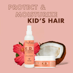 SheaMoisture Kids Detangler Spray being applied to kid’s hair for smoother detangling.