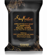 Lingettes démaquillantes SheaMoisture visage et yeux au savon noir africain, pour peau équilibrée.