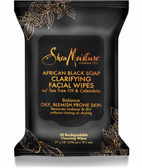 Lingettes démaquillantes SheaMoisture visage et yeux au savon noir africain, pour peau équilibrée.