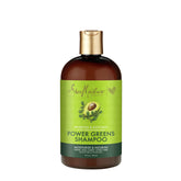 Shampooing SheaMoisture Moringa Avocado Power Greens en flacon, nettoyage doux et nourrissant.