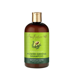 Shampooing SheaMoisture Moringa Avocado Power Greens en flacon, nettoyage doux et nourrissant.