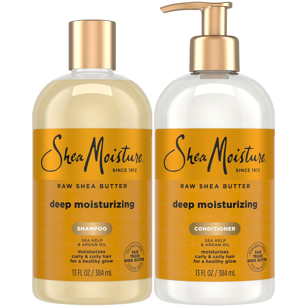 Shampoo SheaMoisture, bouteille montrant hydratation profonde pour boucles