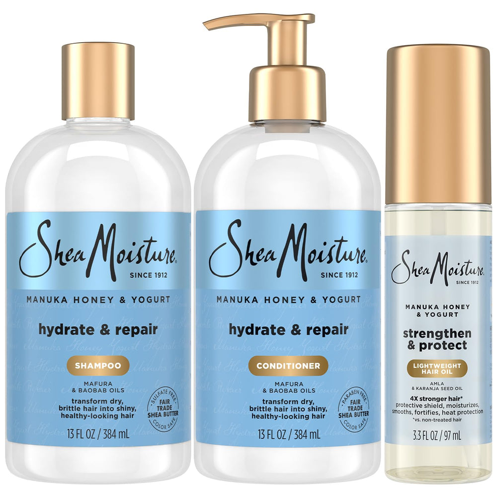 Shampooing SheaMoisture Miel Manuka Yaourt en bouteille, hydrate et répare les cheveux.