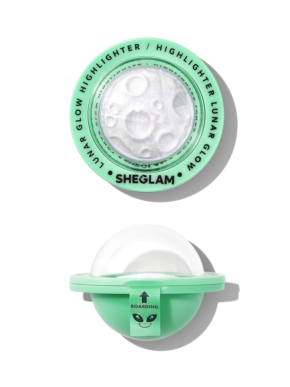 SHEGLAM Enlumineur Lunaire emballage minimaliste prêt à ranger rapidement.