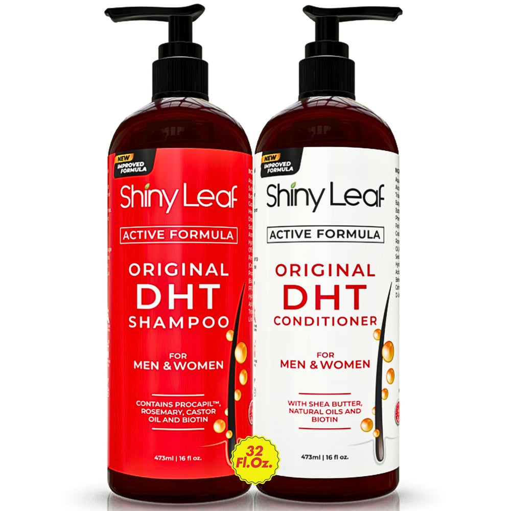 Shiny Leaf DHT Blocker Shampoo en flacon, lavage doux pour cheveux sains.