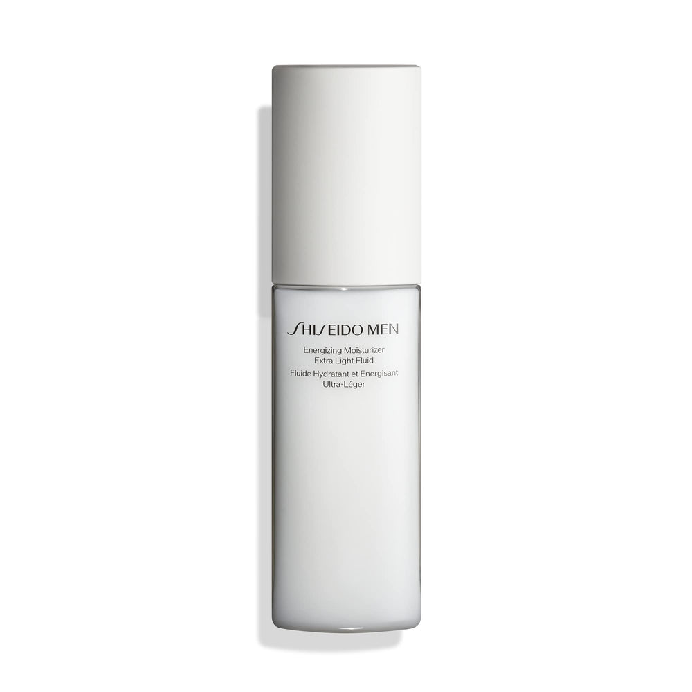 Hydratant énergisant pour homme, flacon pompe Shiseido et hydratation efficace.