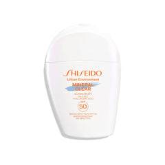 Shiseido Urban Environment écran solaire minéral clair, flacon protègent et hydratent la peau.