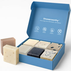 Savons Showerworthy ensemble de 8 barres, parfait pour une routine hydratante et douce.