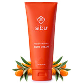 Sibu crème corps hydratante dans sa bouteille, hydratation quotidienne possible.