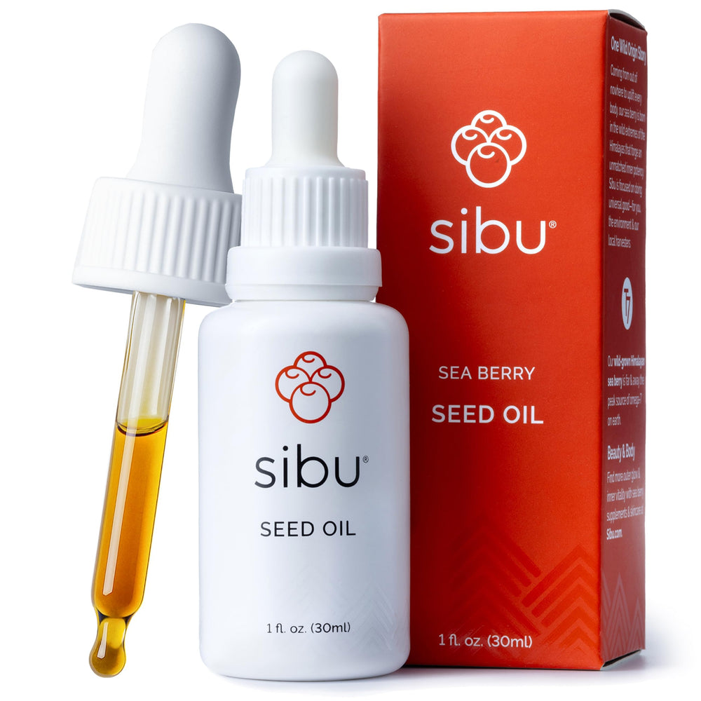Sibu huile d'argousier himalayen en flacon, hydratation douce pour peau sensible.