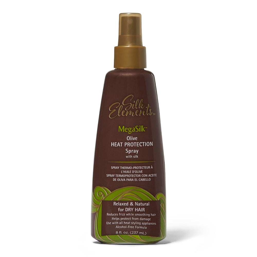 Silk Elements Megasilk Olive, la bouteille prête à protéger vos cheveux lors du coiffage.