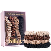 Scrunchies Silkie x4 lot en soie noire et chocolat, protection douce des cheveux.