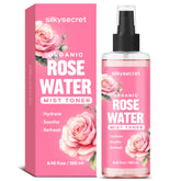 SilkySecret eau de rose en bouteille, hydratation douce pour visage et cheveux.