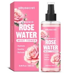SilkySecret eau de rose en bouteille, hydratation douce pour visage et cheveux.